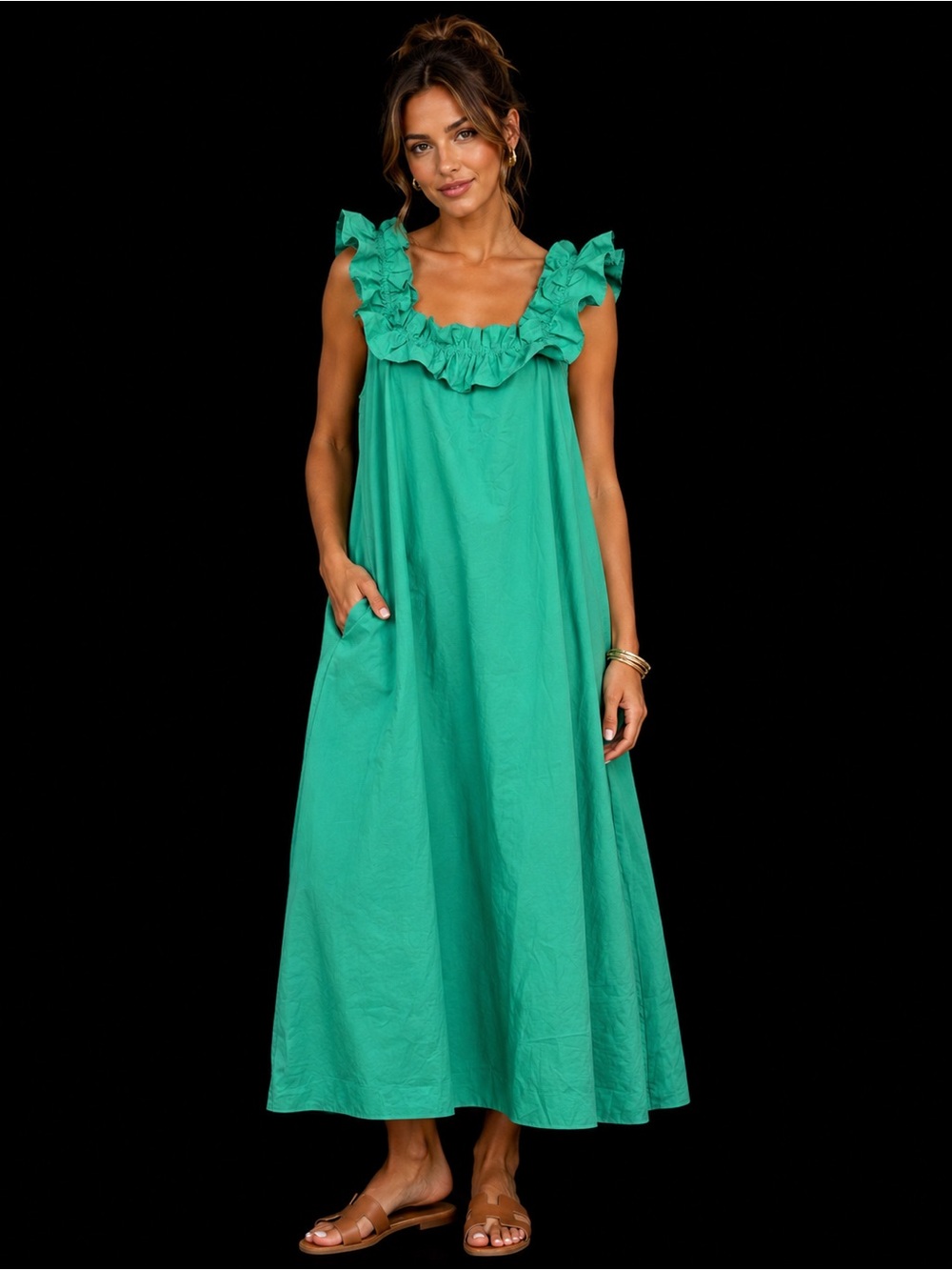 Hyacinth House Maxi Dress Green Ruffle Oversized Pockets Size M